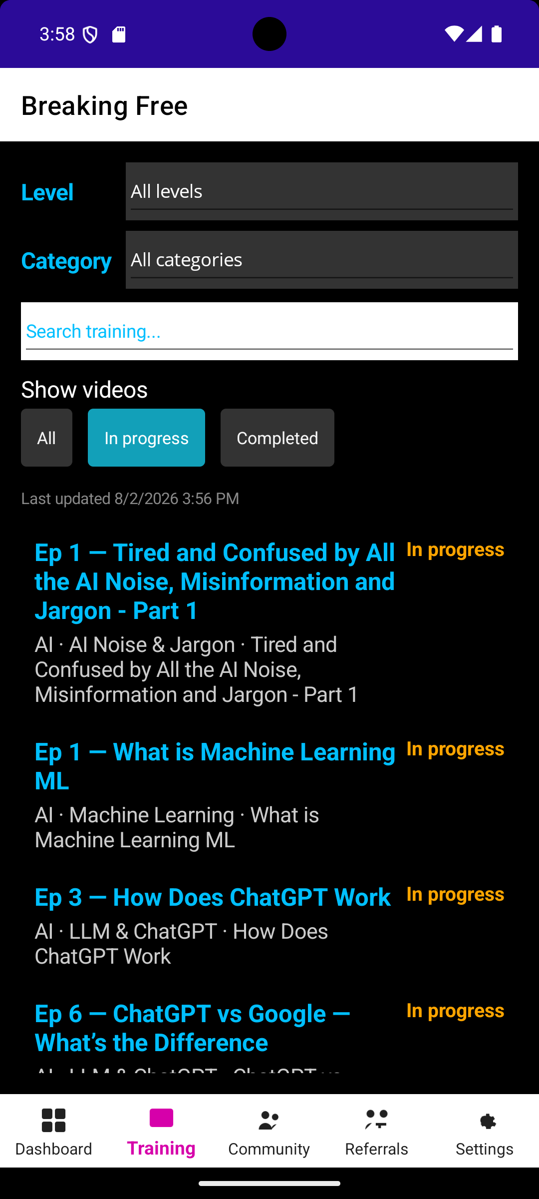 Breaking Free training videos in progress